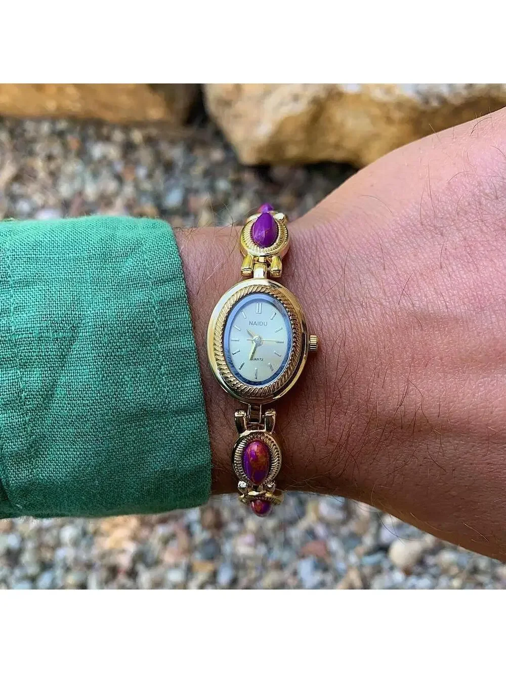 Y2k style Dainty cute Gold style tone quartz watch with purple jade stone opal